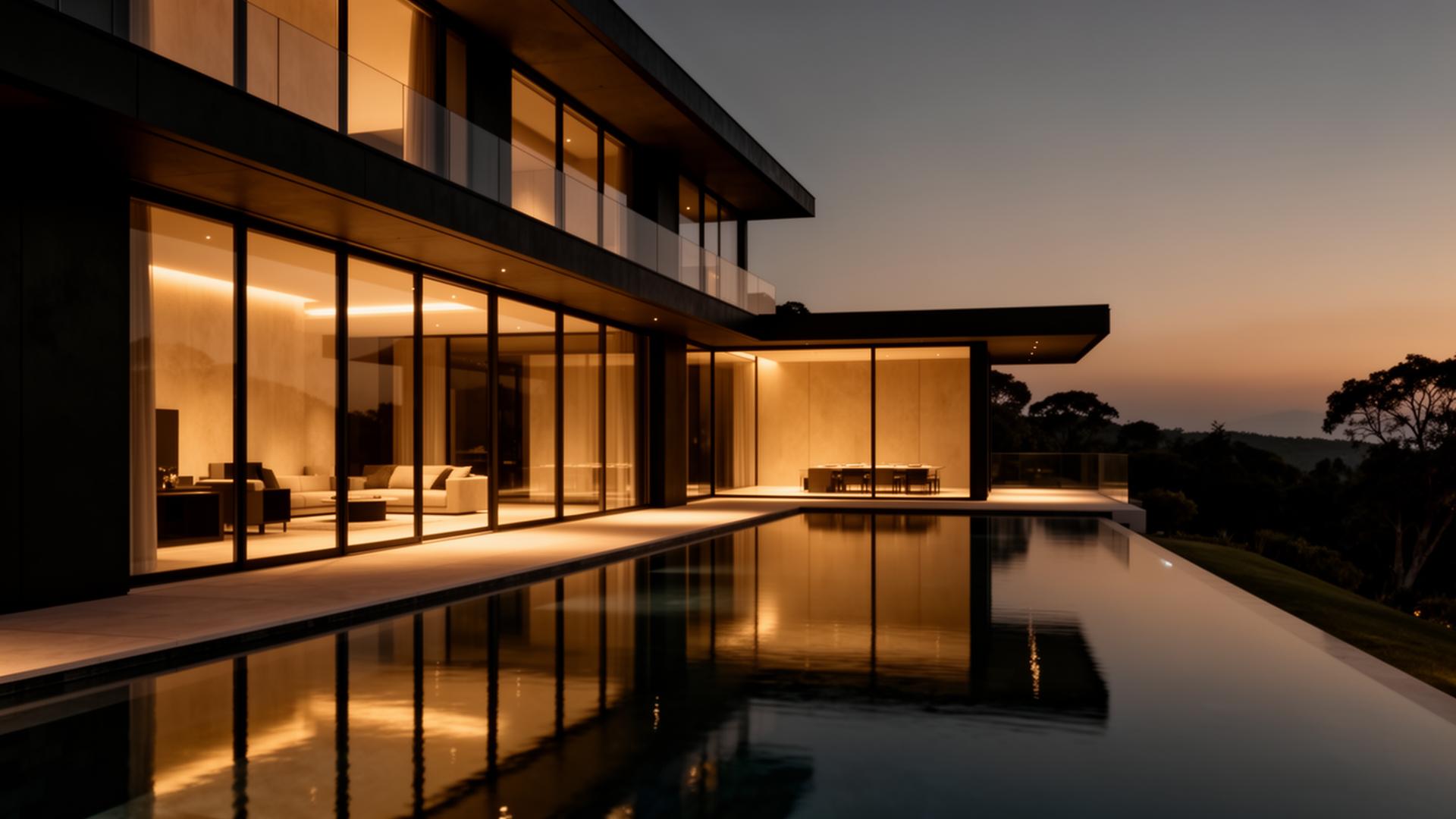 Luxury modern villa at dusk